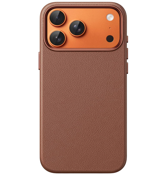 Brown phone case with leather texture on a white background