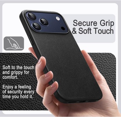 Black leather phone case with 'Secure Grip & Soft Touch' text, held by a hand.