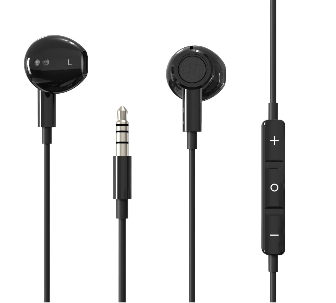 Black in-ear wired headphones with a 3.5mm jack, inline remote controls, and a left/right earbud layout on a white background.