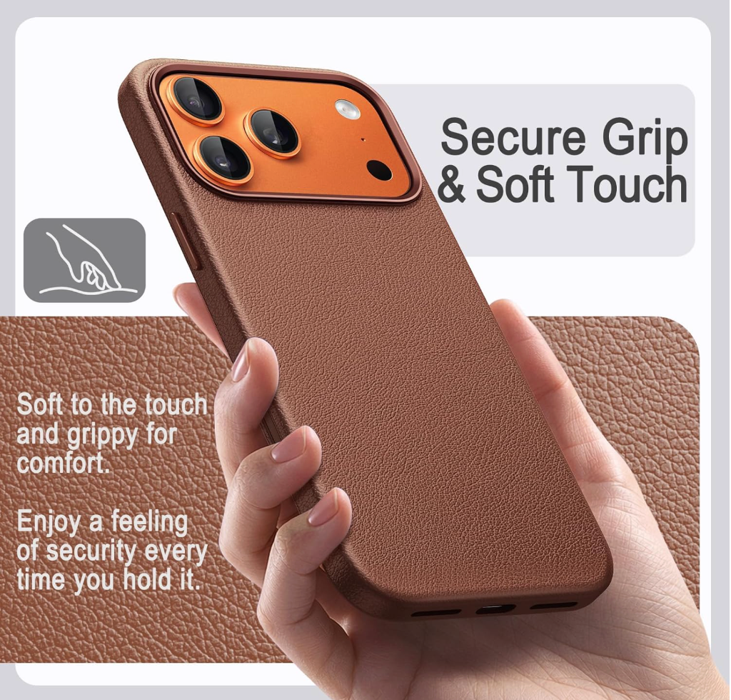 Woman holding iPhone 17 in deep brown PU leather MagSafe case showing secure non-slip grip and soft touch texture from behind