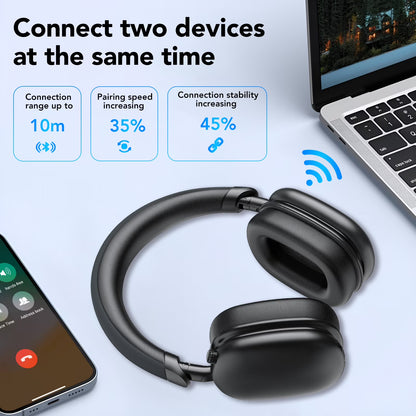 Black headphones with smartphone and laptop on a light blue background, highlighting wireless connection features.