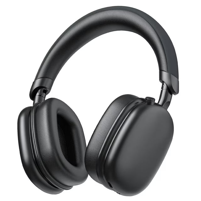 Black over-ear noice cancelling wareless headphones on a white backgrounds