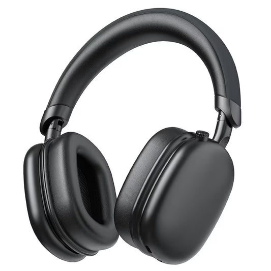 Black over-ear noice cancelling wareless headphones on a white backgrounds