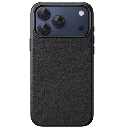 iPhone 17 Pro PU leather MagSafe case in deep brown with orange metal camera frame and triple lens cutout, slim profile on white background