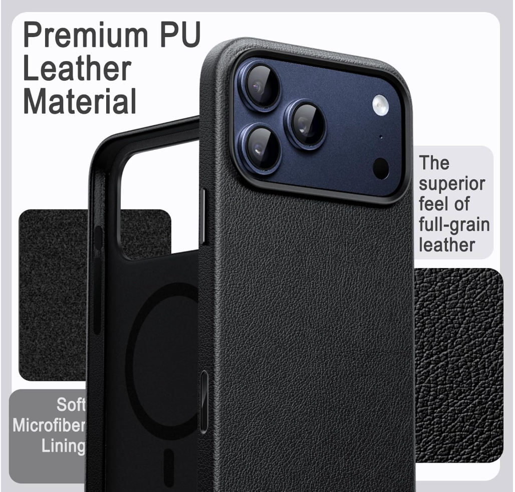 iPhone 17 Pro PU leather MagSafe case in deep brown with orange metal camera frame and triple lens cutout, slim profile on white background