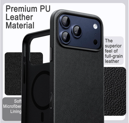 iPhone 17 Pro PU leather MagSafe case in deep brown with orange metal camera frame and triple lens cutout, slim profile on white background