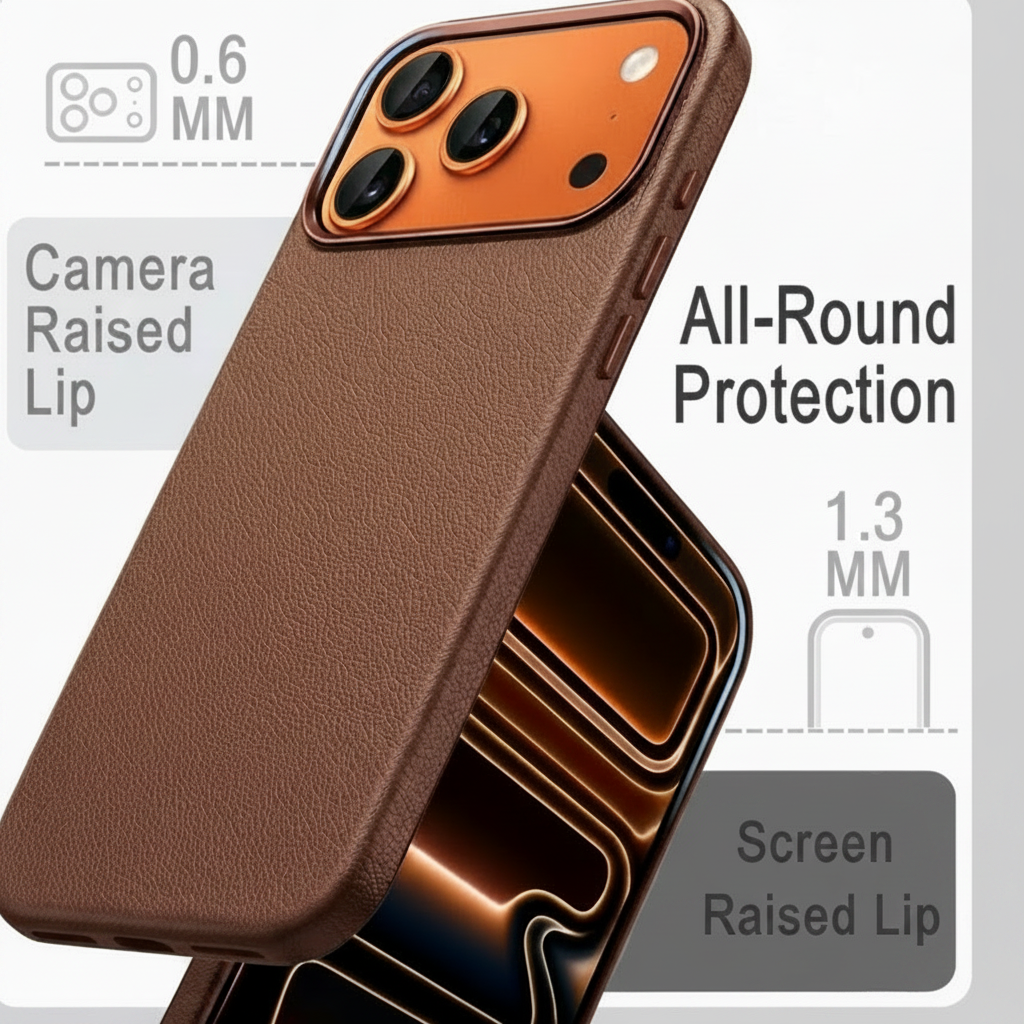 iPhone 17 deep brown leather case showing 1.3mm raised screen bezel and 0.6mm raised camera lip for all-round scratch protection on flat surfaces