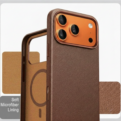 iPhone 17 leather case showing premium PU leather exterior with full-grain texture and soft microfiber scratch-resistant lining with MagSafe magnet ring visible