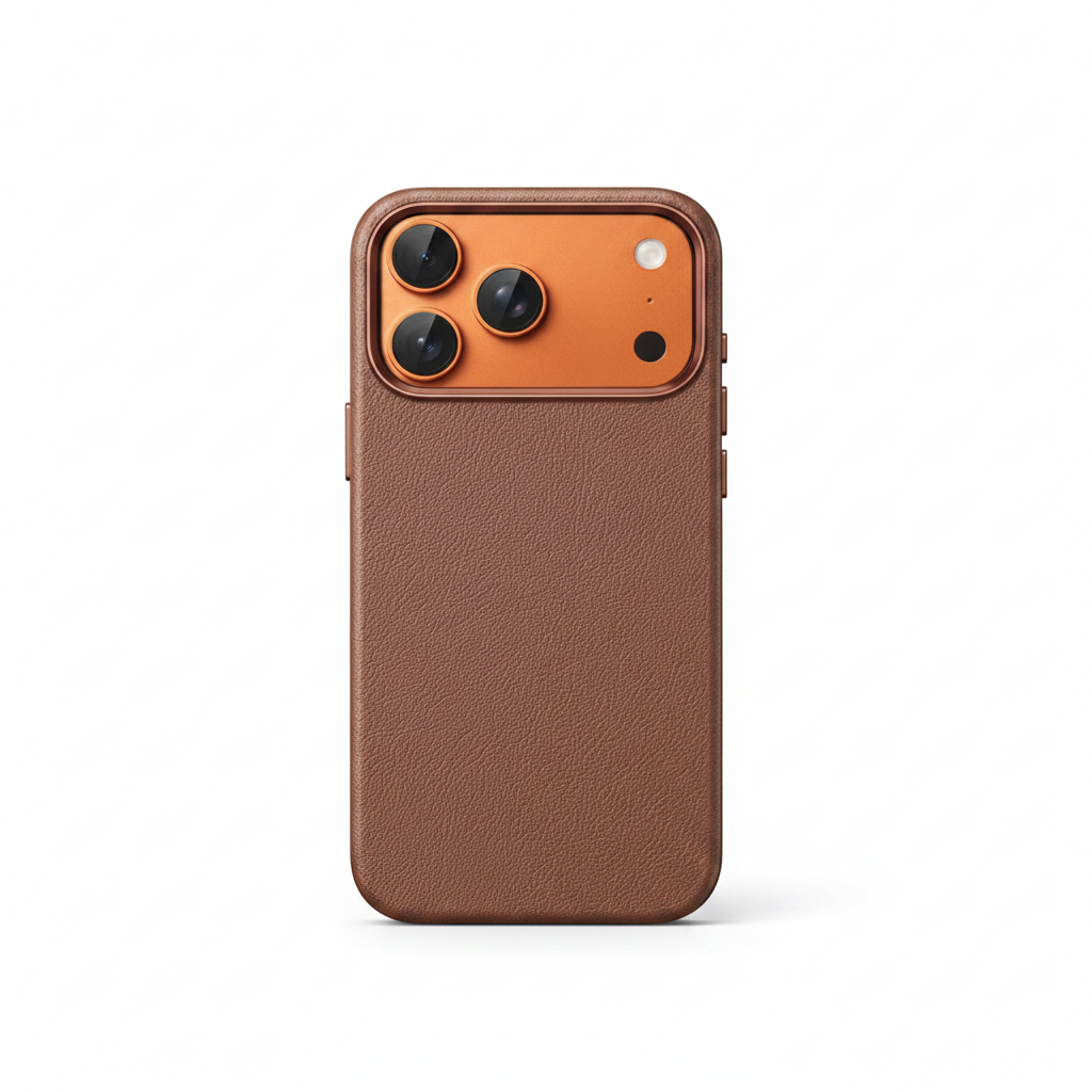 iPhone 17 Pro PU leather MagSafe case in deep brown with orange metal camera frame and triple lens cutout, slim profile on white background