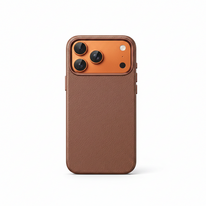 iPhone 17 Pro PU leather MagSafe case in deep brown with orange metal camera frame and triple lens cutout, slim profile on white background