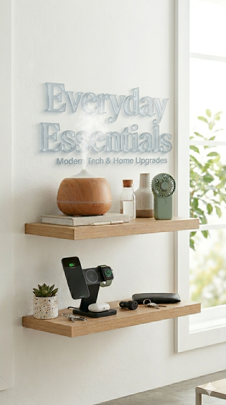 Wooden shelves with everyday essentials against a white wall with a window.