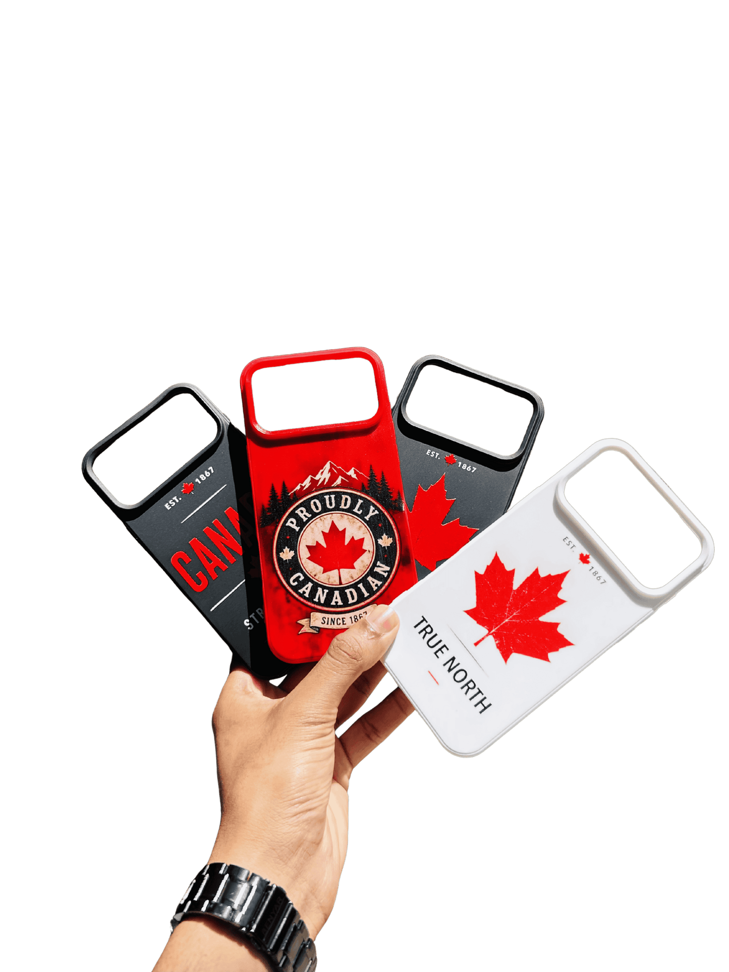 Three phone cases with Canadian designs held by a hand on a transparent background