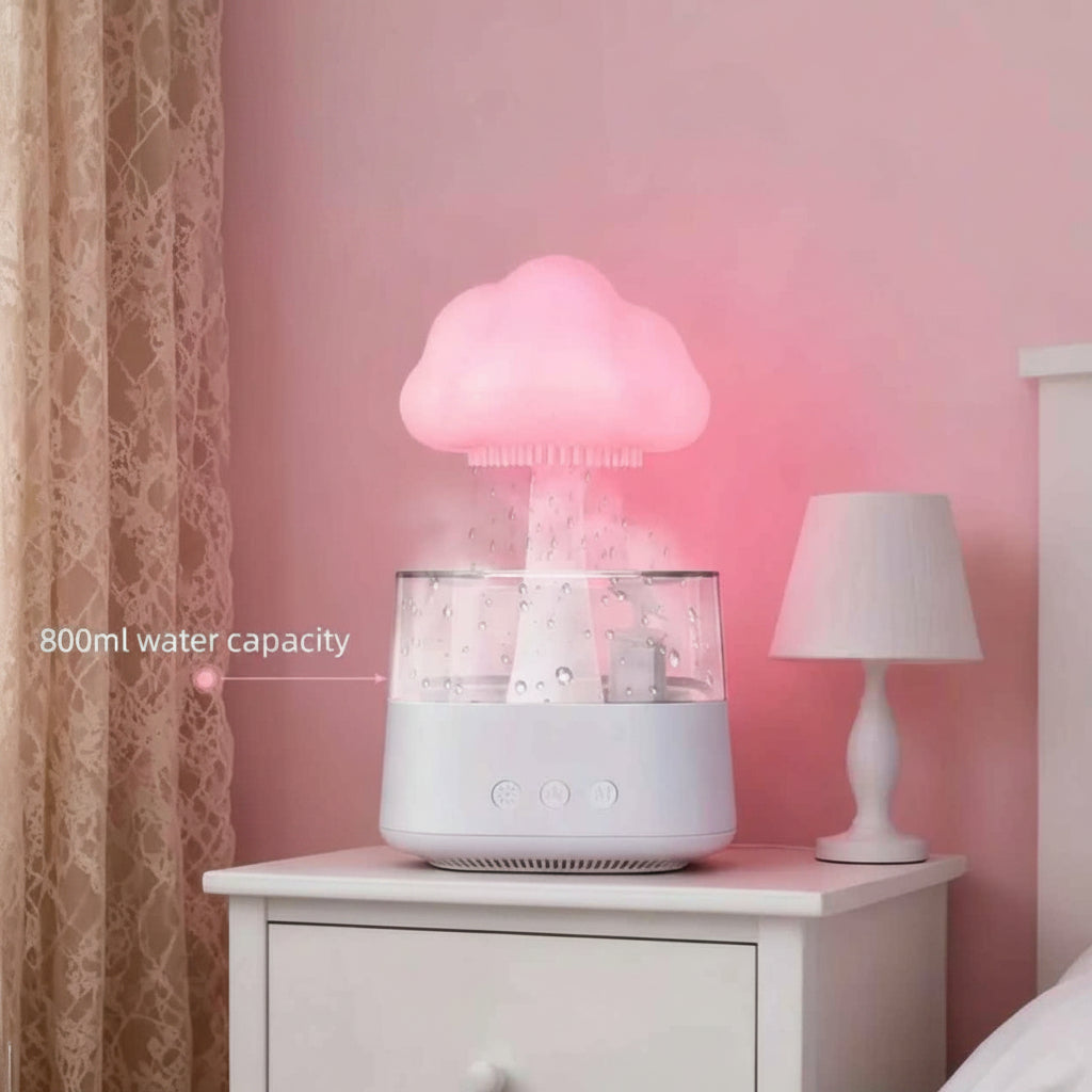 Rain Cloud Humidifier & Aroma Diffuser – 3-in-1 Mushroom LED Night Light with Rain Sounds, 800ml, Ultra-Quiet