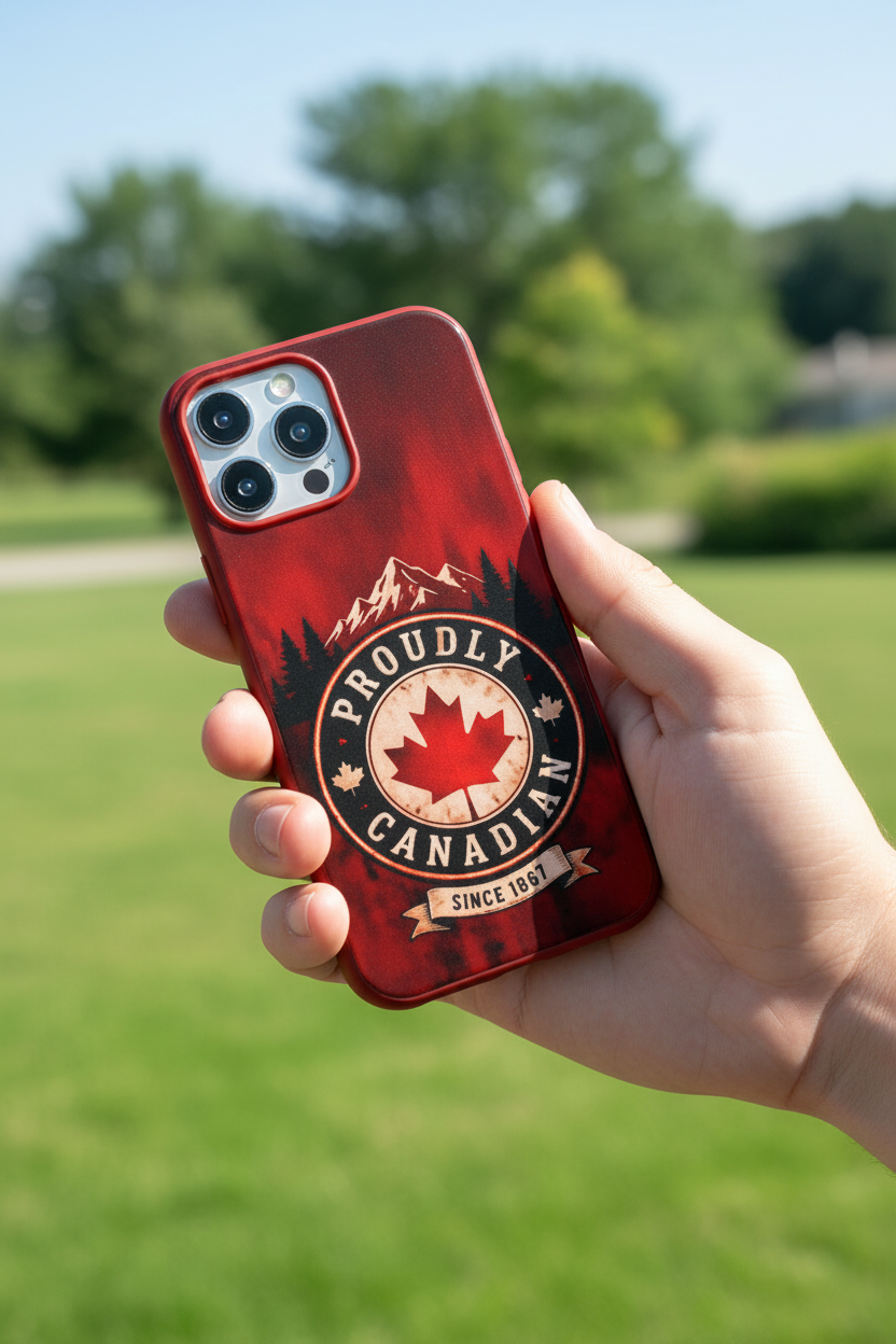 Hand holding a phone case with a Canadian design against a blurred green outdoor background