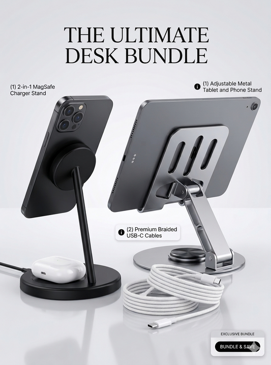 Ultimate desk bundle with 2-in-1 MagSafe charger stand, adjustable metal tablet and phone stand, and premium braided USB-C cables on a light gray background.